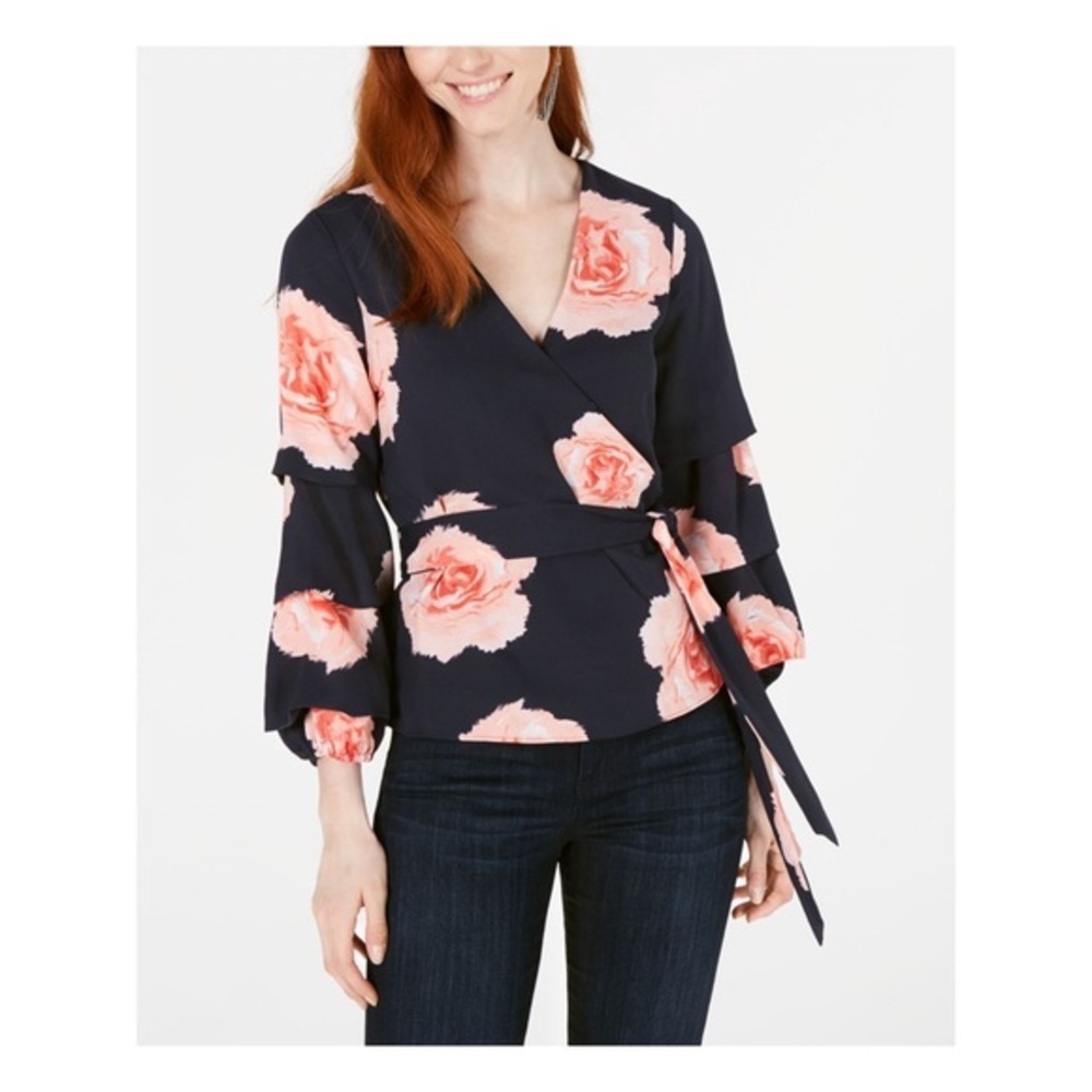 New Bar III Womens Floral Puff Sleeve Wrap Top - Picture 1 of 2
